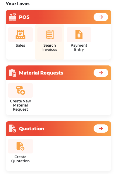LavaSell dashboard showing POS, material request, and quotation modules